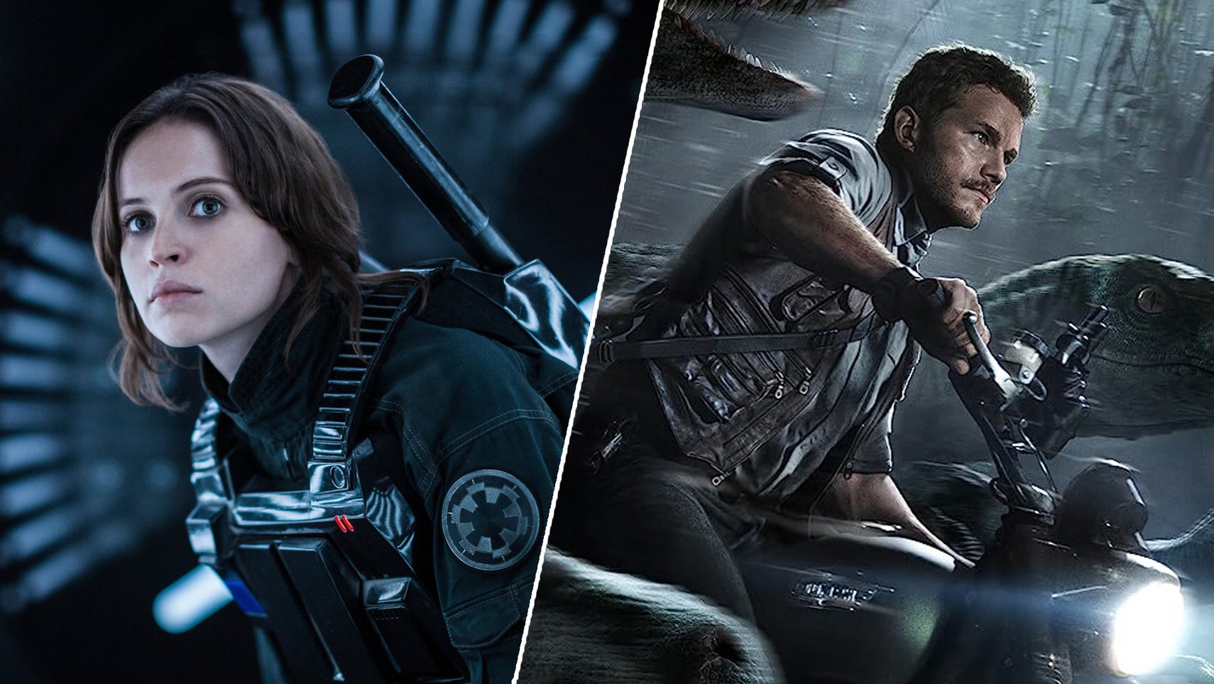 Jyn Erso slightly hunched over in a sci-fi hallway, Chris Pratt in Jurassic World 4 riding a motorbike alongside velociraptors. - 1