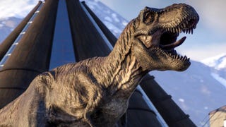 A T. rex mid-roar in Jurassic World Evolution 2.