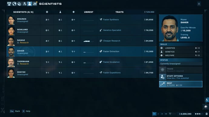 A screenshot from Jurassic World Evolution 2, showing one of the park management screens. It’s a list of all employed scientists, their salaries and skills, and their current assignments