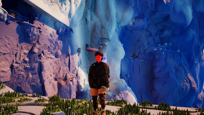 Standing on a plateau in Jusant. Behind the main character buildings are visible carved into the cliff face