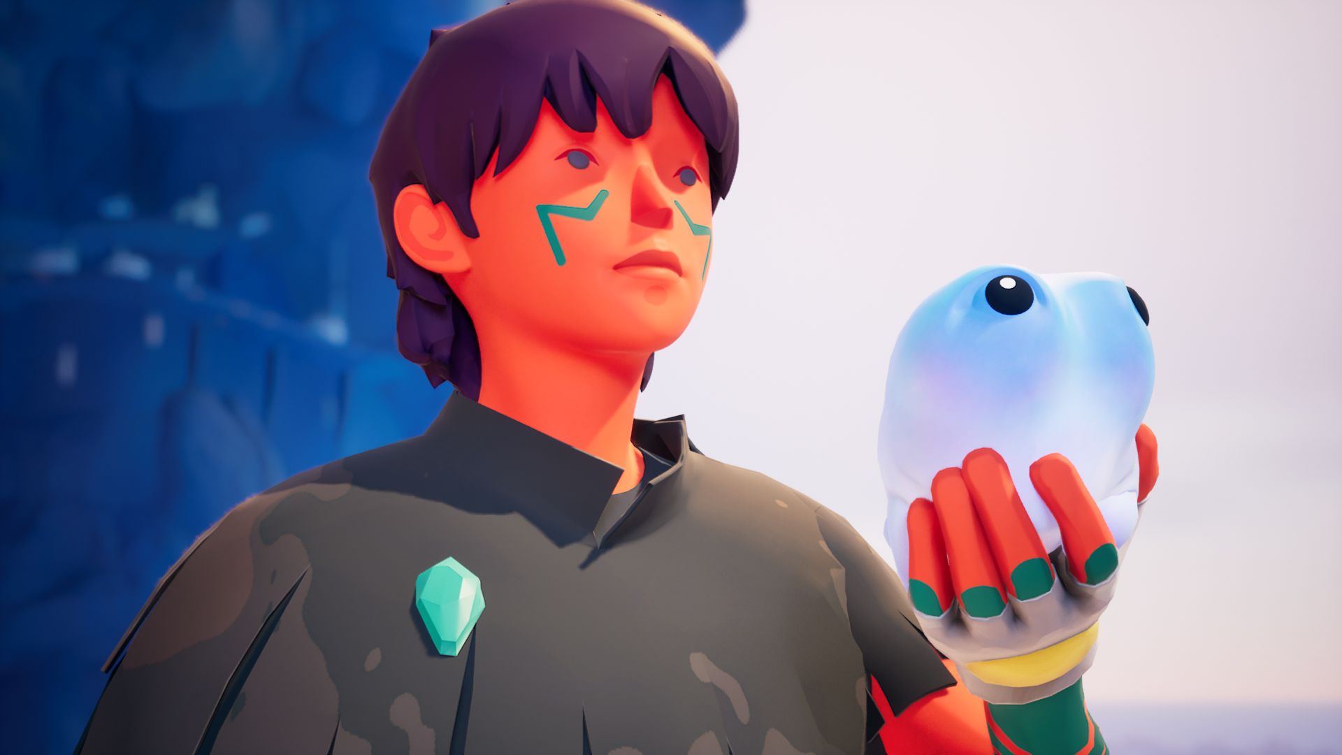 the main character in Jusant holding up their little blue water blob friend - 1