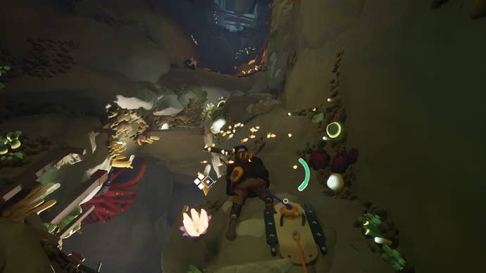 Climbing a steel cliff covered in handholds in Jusant