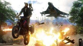 Just Cause 4 hero Rico escapes a jet while doing a sick jump on a motorcycle amid explosions