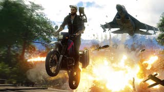Just Cause 4 screenshot showing man on motorbike with explosion and fighter jet behind him