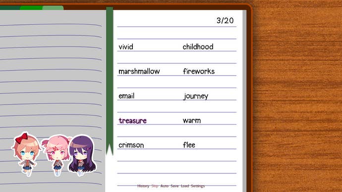 A notebook open to a page with a series of random words written in two columns, from which the player assembles a "poem". On the left-hand page are chibi stickers of three of DDLC's main characters (Sayori, Natsuki, and Yuri).