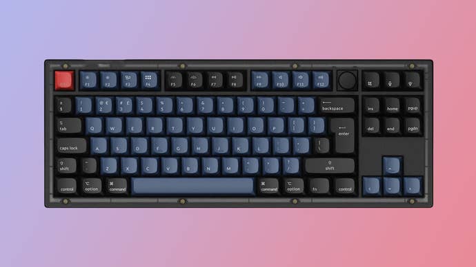 keychron v3 mechanical keyboard shown on a gradient background, with a black chassis and some blue-coloured keys