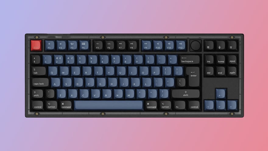 keychron v3 mechanical keyboard shown on a gradient background, with a black chassis and some blue-coloured keys