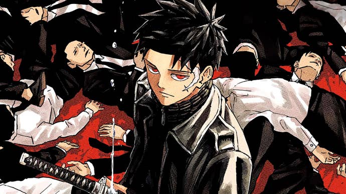 A young man with red eyes and a scar on his face his stood, sword by his side, a large number of dead/ unconscious bodies lying around him in key art for Kagurabachi.