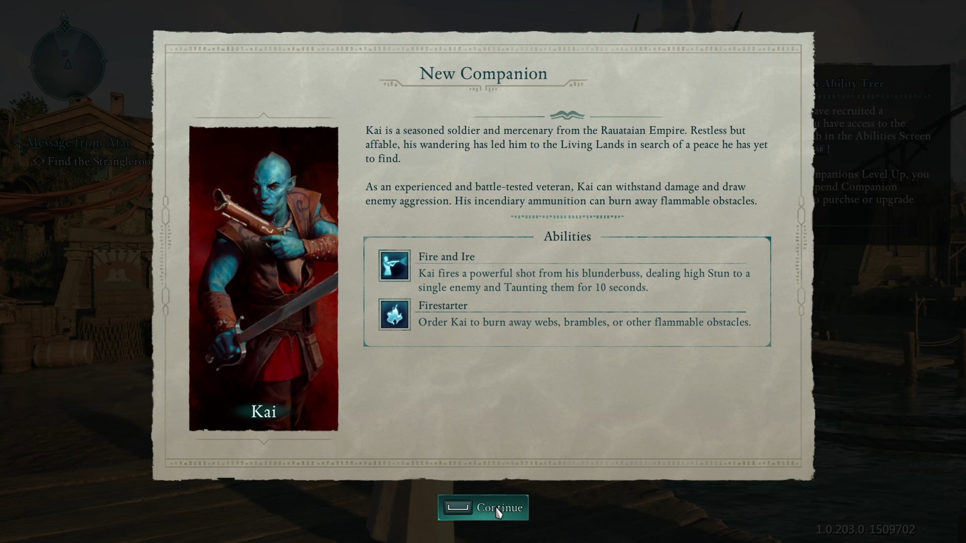 A menu showing off the abilities of Kai, the first companion in Avowed. His two starting skills - Fire and Ice & Firestarter - are emphasised. - 7