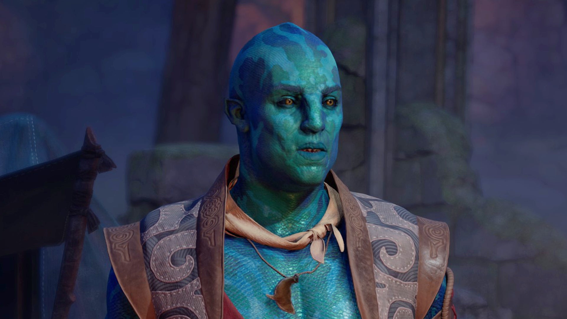 A close-up of Kai, one of Avowed's companions. Kai is a fish-like aumaua with blue, scaled skin. He wears a leather vest and a pendant shaped like a whale. - 1