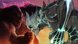 Art from Kaiju No. 8 of a massive monster over the top of a picutre of Godzilla and Kong from the live action movie.