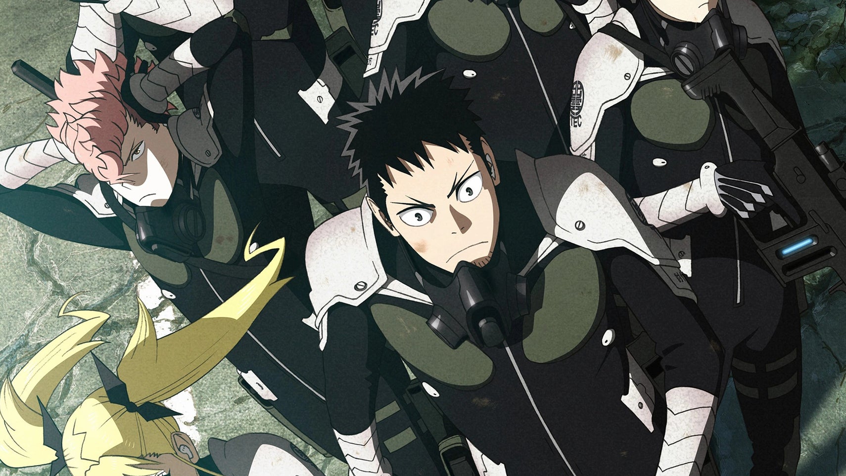 The main cast of Kaiju No. 8 walking along a broken road, they're all wearing protective gear, some of them have weapons. - 1