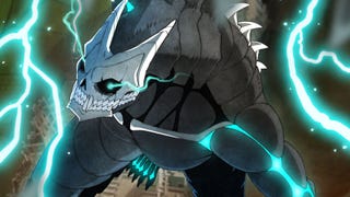 Kafka Hibino in his Kaiju form, blue lightning surrounding him, as he prepares to attack a kaiju offscreen.