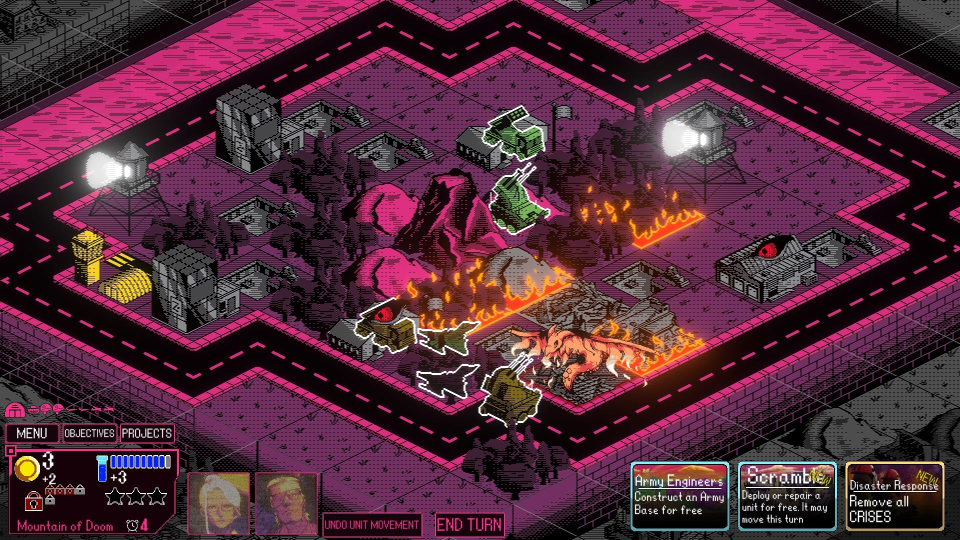 Kaiju Wars review - a bright pink, square-tiled battlefield, one square with a yellow watchtower, some grey buildings, and some tiles on fire as artillery and bombers battle &lsquo;Brodan&rsquo;.