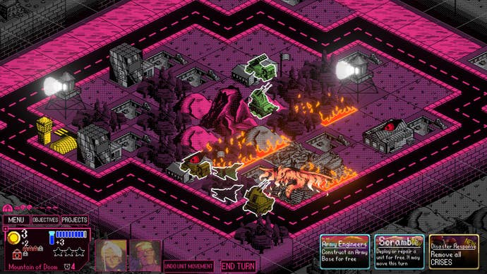 Kaiju Wars review - a bright pink, square-tiled battlefield, one square with a yellow watchtower, some grey buildings, and some tiles on fire as artillery and bombers battle ‘Brodan’.