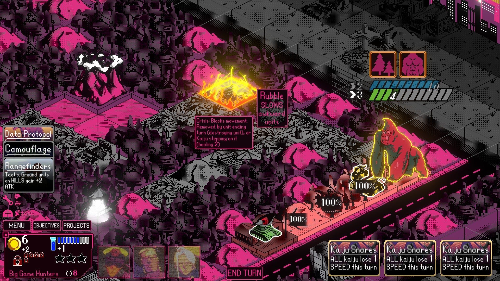 Kaiju Wars review - A closer view of a pink, purple and grey coloured map with lots of hills and forest, as the King Kong-like monster looks to move towards a lone tank.