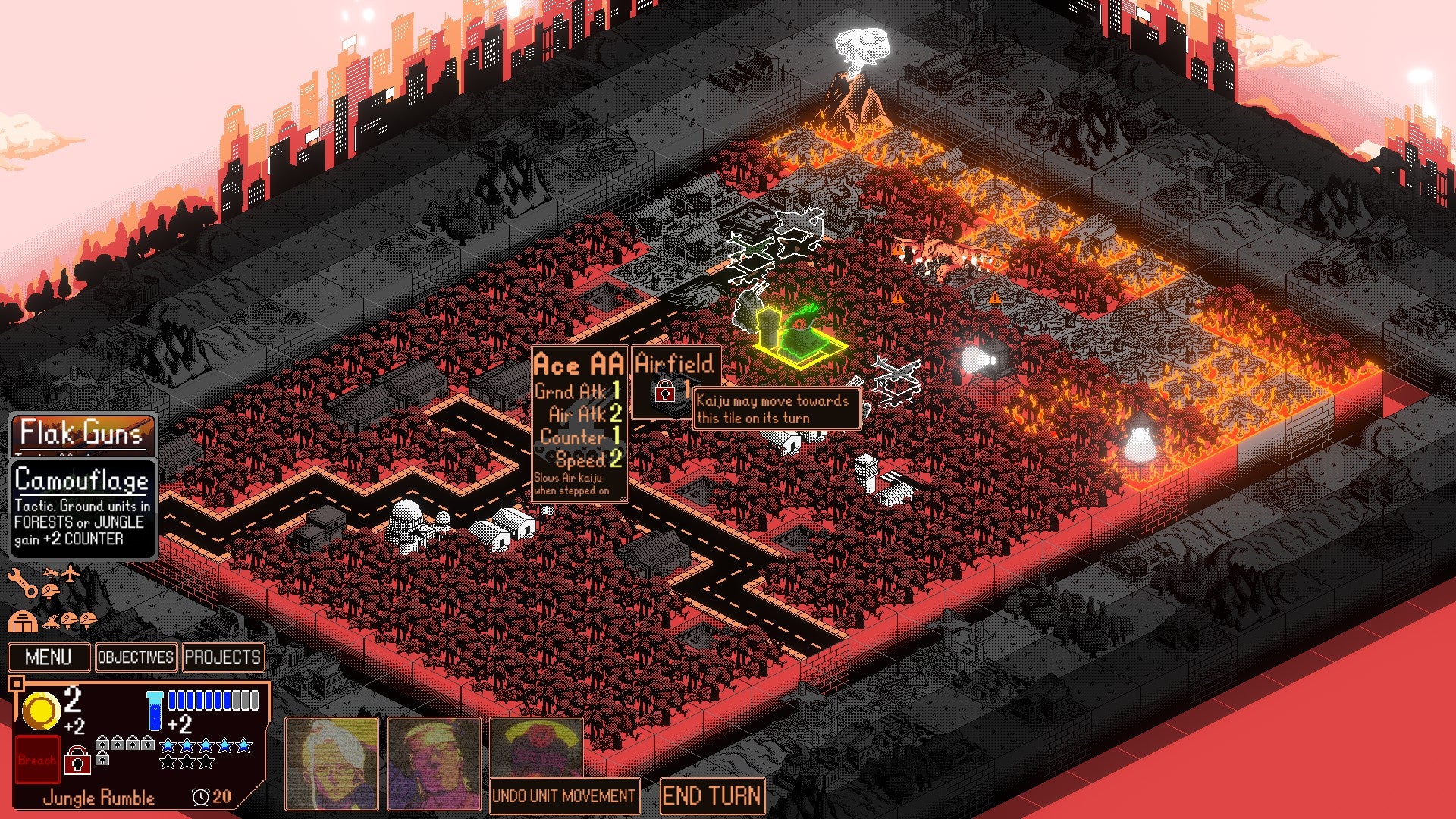 Kaiju Wars review - another red battlefield, rectangular, with lots of dense jungle and a fire at one end caused by a volcano. Some tooltips show damage and speed stats and advice about where the kaiju might move this turn.