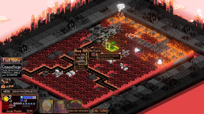 Kaiju Wars review - another red battlefield, rectangular, with lots of dense jungle and a fire at one end caused by a volcano. Some tooltips show damage and speed stats and advice about where the kaiju might move this turn.