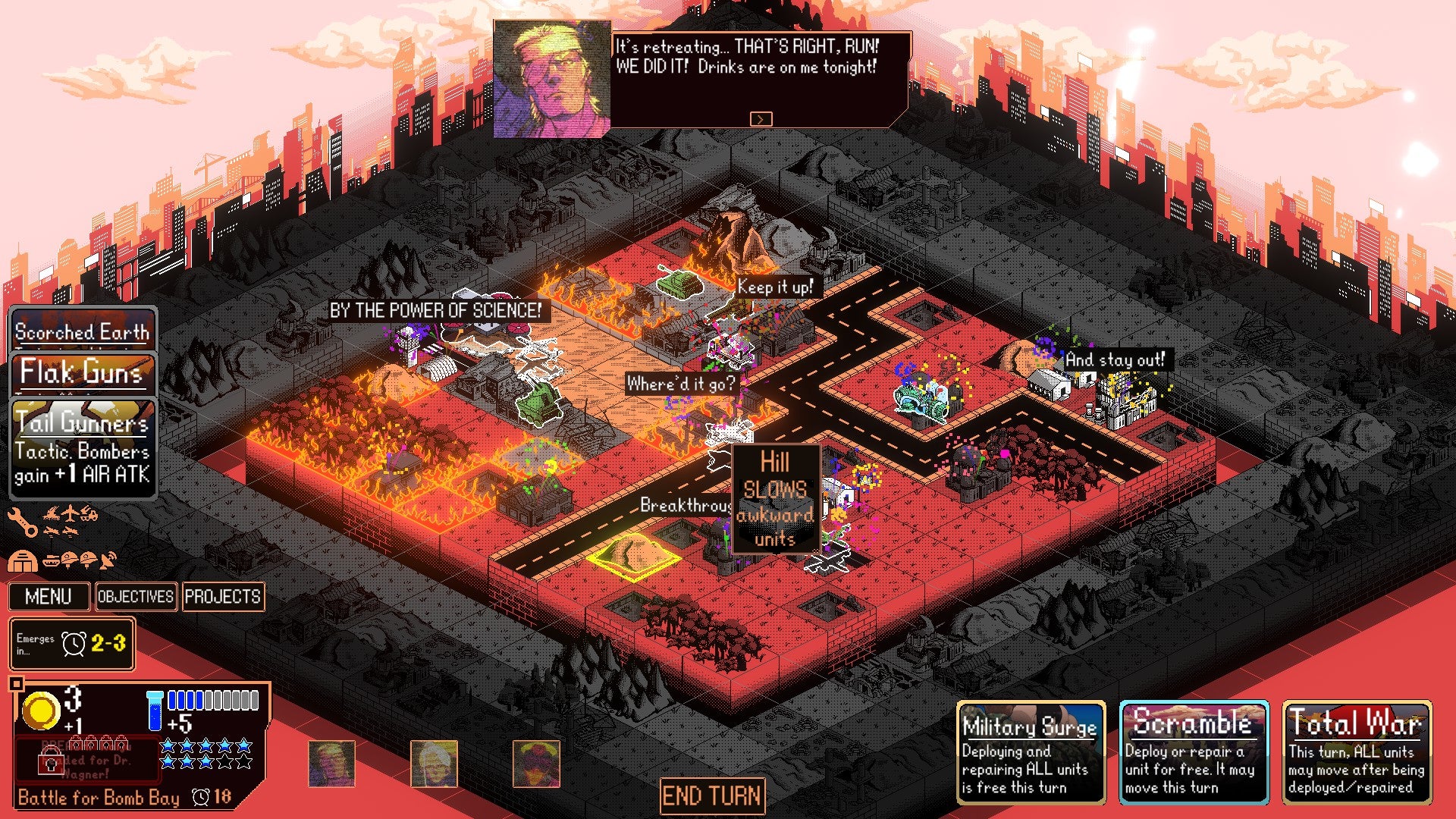 Kaiju Wars review - a red square battlefield with some flaming tiles and a lighter pink outline. Lots of dialogue, at the top is the eye-patched hero saying &ldquo;It&rsquo;s retreating&hellip; THAT&rsquo;S RIGHT, RUN! WE DID IT! Drinks are on me tonight!&rdquo; Others are from the little buildings, reading &ldquo;BY THE POWER OF SCIENCE&rdquo;, &ldquo;Where&rsquo;d it go?&rdquo;, &ldquo;Keep it up!&rdquo;, &ldquo;And stay out!&rdquo;, and &ldquo;Breakthrough&rdquo;