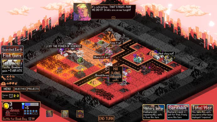 Kaiju Wars review - a red square battlefield with some flaming tiles and a lighter pink outline. Lots of dialogue, at the top is the eye-patched hero saying “It’s retreating… THAT’S RIGHT, RUN! WE DID IT! Drinks are on me tonight!” Others are from the little buildings, reading “BY THE POWER OF SCIENCE”, “Where’d it go?”, “Keep it up!”, “And stay out!”, and “Breakthrough”
