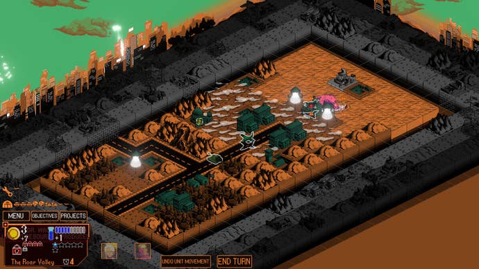 Kaiju Wars review - a rectangular, brown battlefield with a green outline and darker green buildings, as tanks and planes manouvre.