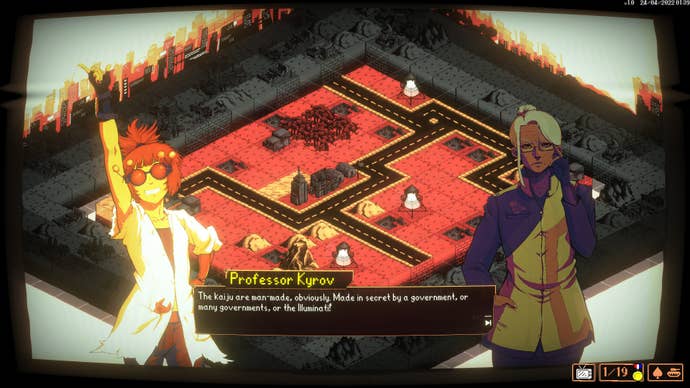 Kaiju Wars review - a CRT-style filter over a kind of cutscene with Professor Kyrof and another whacky-looking, anime-posing professor. Dialogue box from Kyrov reads: “The kaiju are man-made, obviously. Made in secret by a government, or many governments, or the Illuminati!"