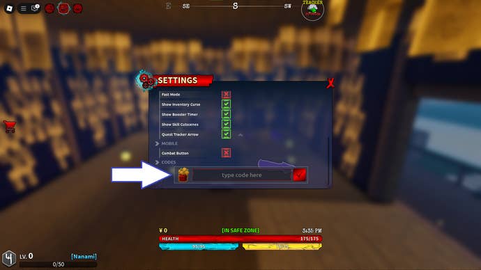 A screenshot of Kaizen in Roblox showing the game's codes field.