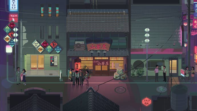 A top-down presumption of immoderate workers leaving a barroom successful Tokyo astatine night, the reddish glow of lights astir them.