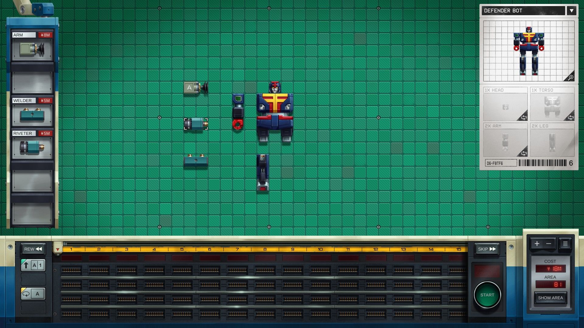 A toy robot is in pieces on the workspace, with only one leg and arm so far. - 5