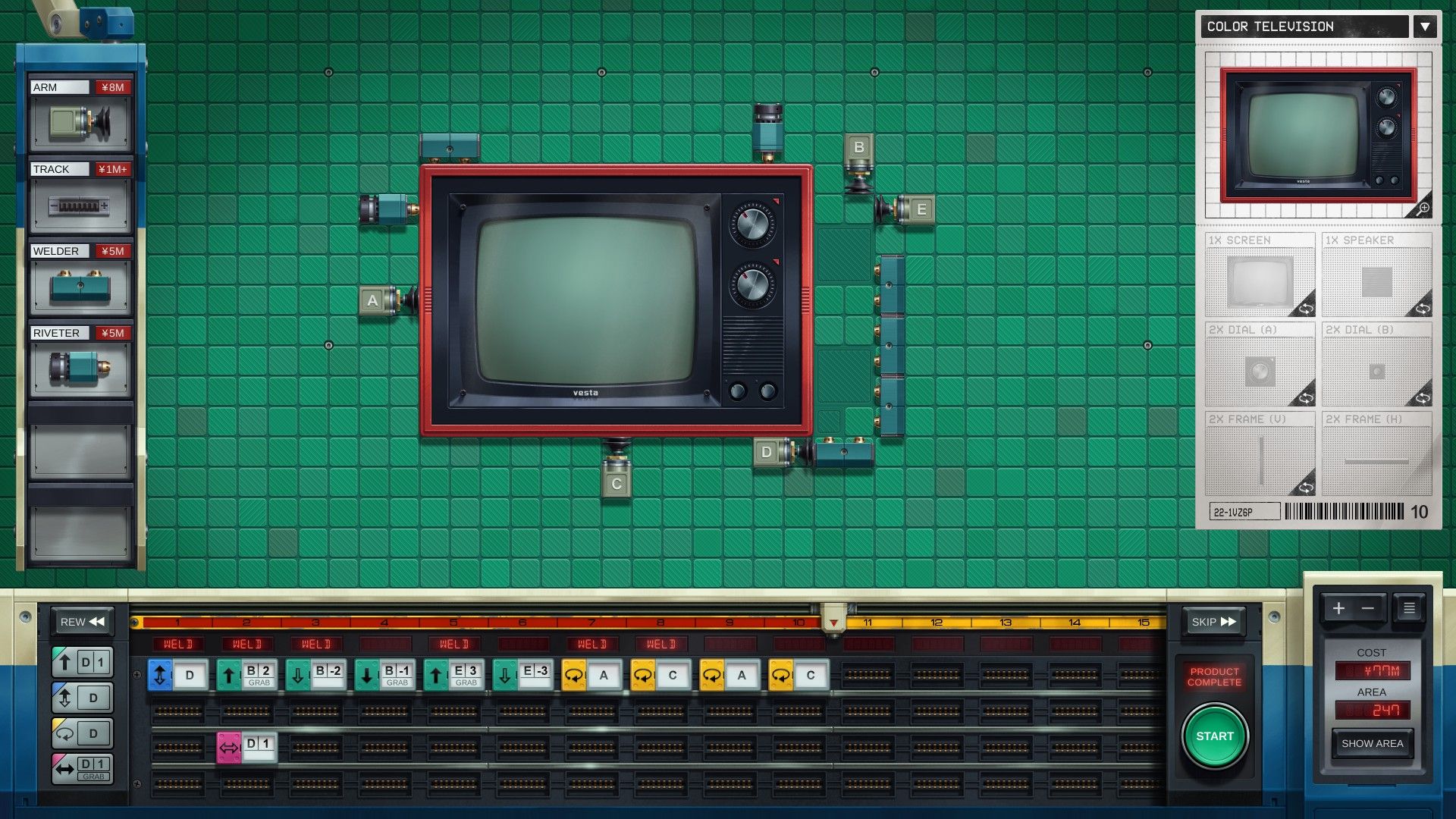 A TV set is finalised during production on the green workspace. - 4