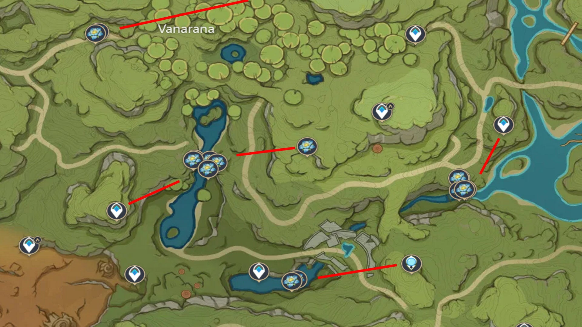 Kalpalata Lotus farming: A map showing routes to gather Kalpalata Lotus in Vanarana - 13