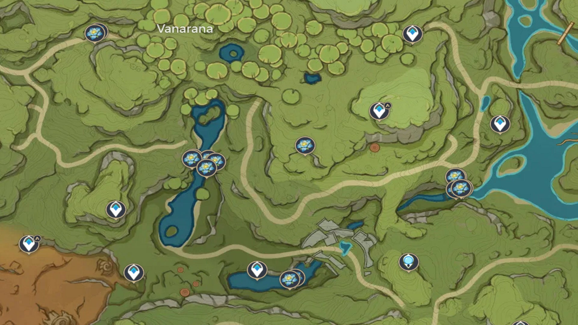 Genshin Impact Kalpalata Lotus locations: A map showing Kalpalata locations in Vanarana