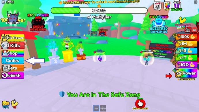 A screenshot of Kamehameha Simulator in Roblox showing the game's codes button.
