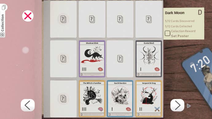 A collection of cards in Kardboard Kings, stored in a trading card binder, from a collection called Dark moon. They’re black and grey line drawings of magical looking animals - a fox with trees growing out of its back, a close up of a beetle full of leaves, a cat sitting on a broom