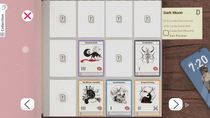 A collection of cards in Kardboard Kings, stored in a trading card binder, from a collection called Dark moon. They’re black and grey line drawings of magical looking animals - a fox with trees growing out of its back, a close up of a beetle full of leaves, a cat sitting on a broom