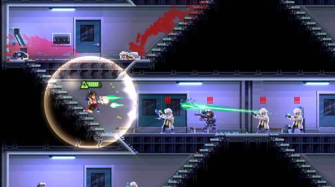 A samurai shoots two guns in an office complex in Katana Zero’s free DLC