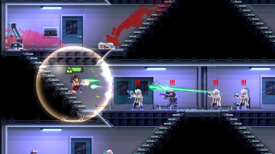A samurai shoots two guns in an office complex in Katana Zero’s free DLC
