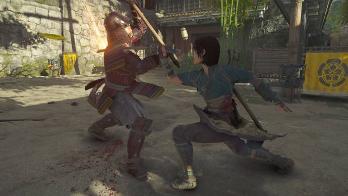 Naoe uses her katana to stab a foe in the shoulder in Assassin’s Creed Shadows.