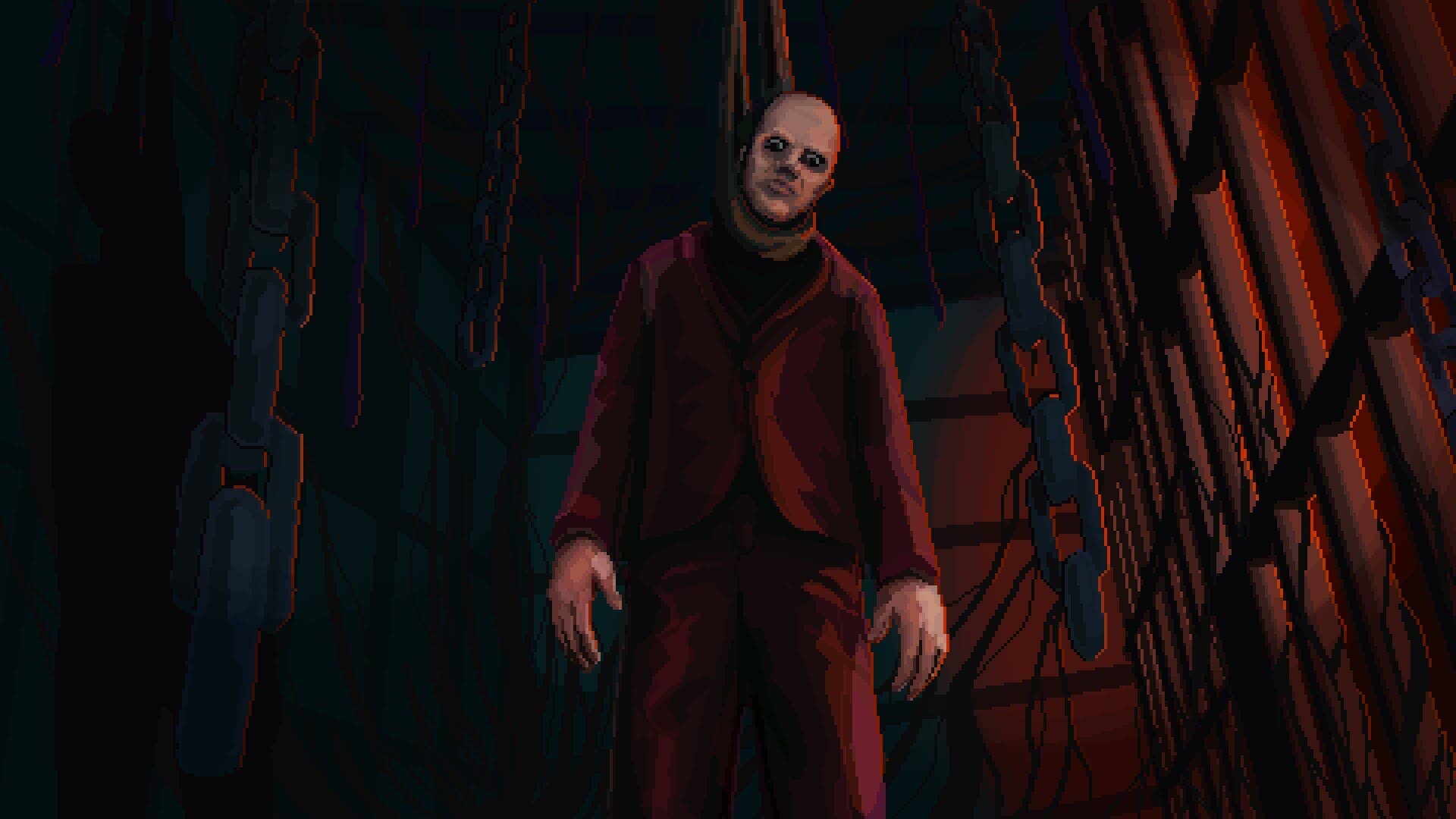 The creepy Crimson One - a bald guy in a red suit - hangs from a noose in Kathy Rain 2: Soothsayer.