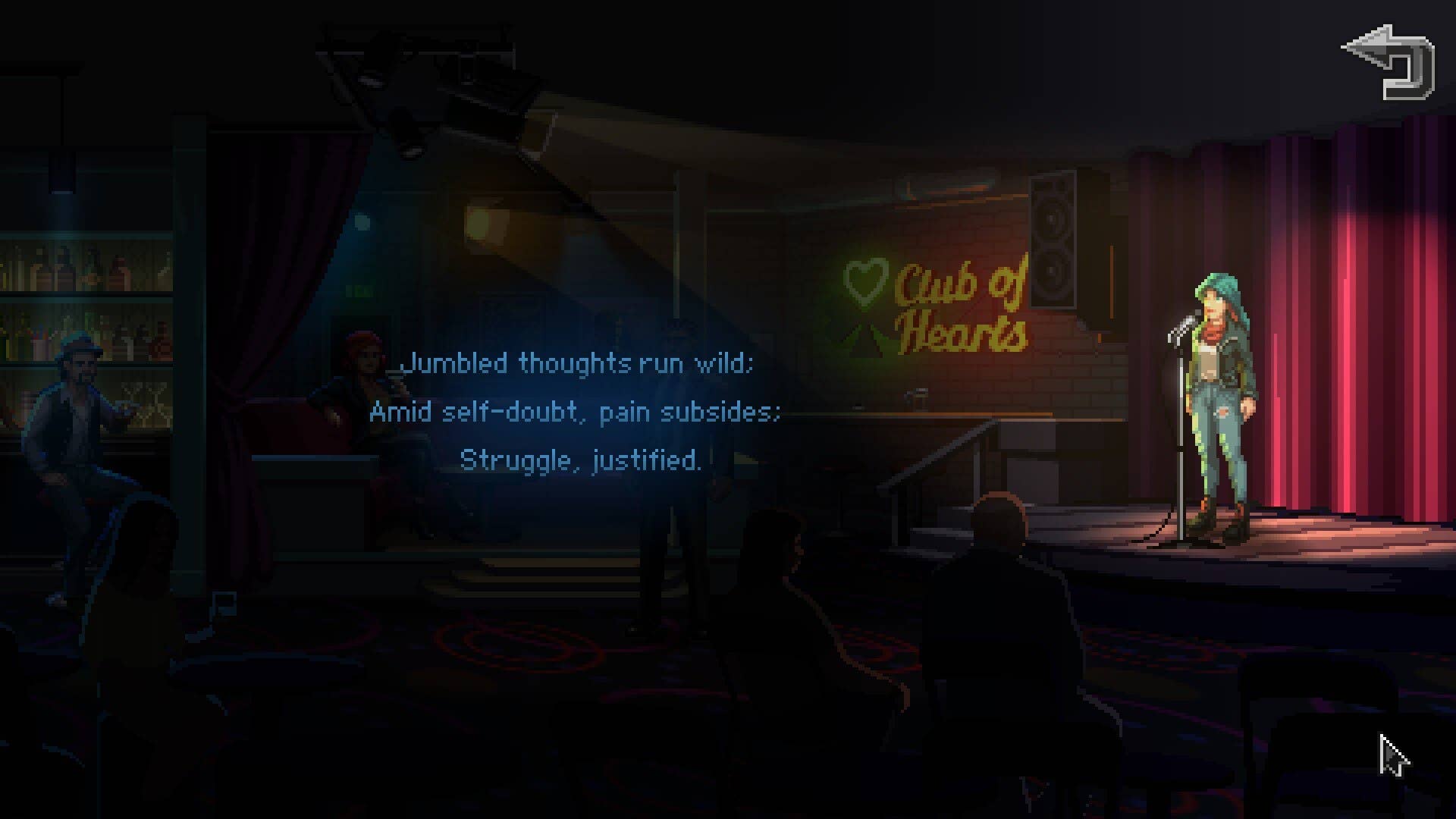 Kathy recites a haiku about jumbled thoughts and self-doubt on stage in Kathy Rain 2: Soothsayer.