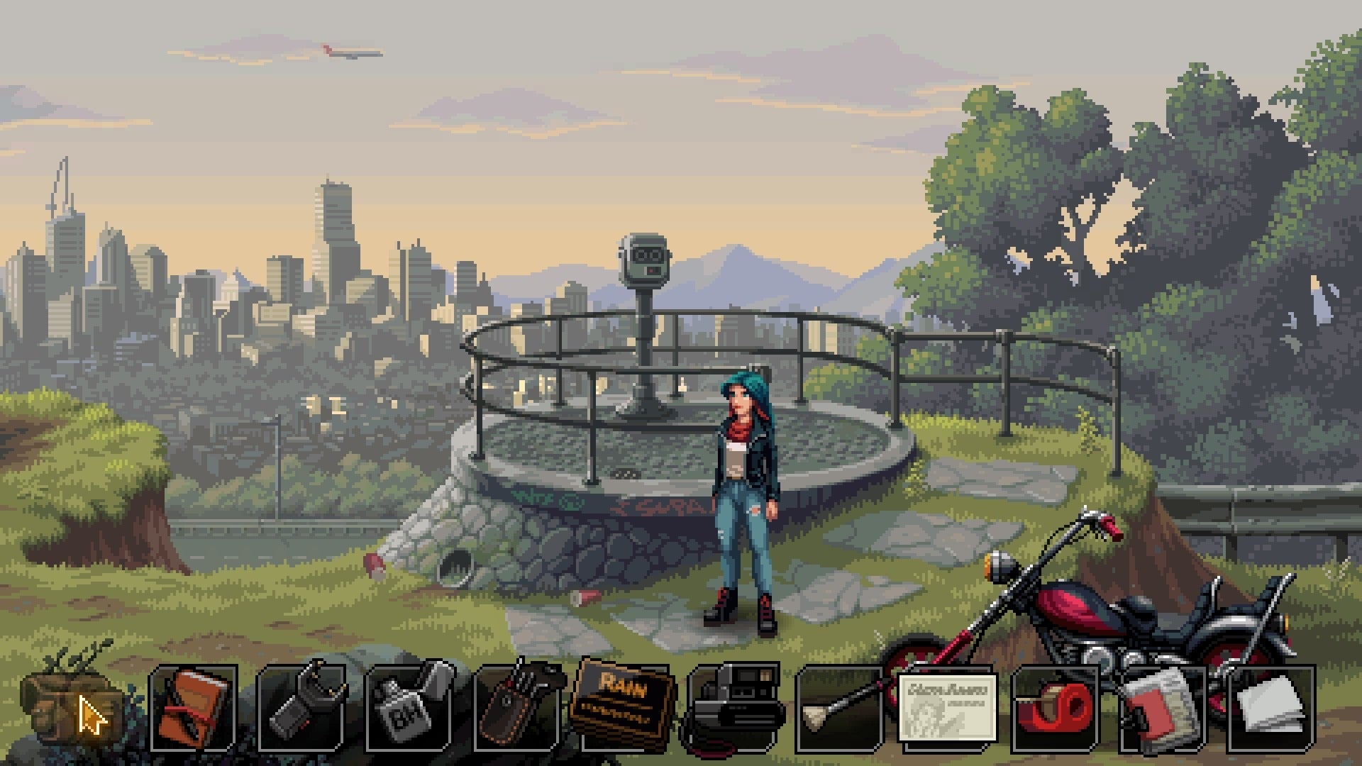 Kathy stands on a hill with an impressive view of the city Kassidy in Kathy Rain 2: Soothsayer. - 3