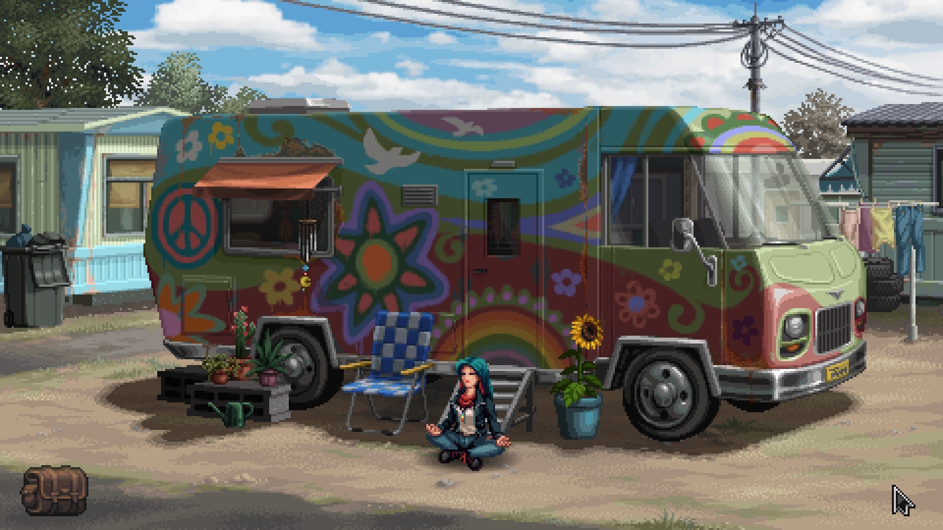 Kathy Rain sits in a meditative position outside of a van decorated in bright hippie colours and flowers in Kathy Rain 2: Soothsayer.