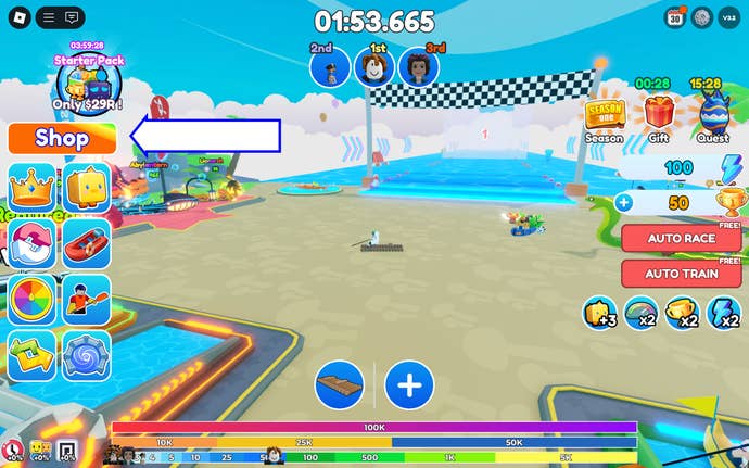 A screenshot of Kayak Racing in Roblox showing the game's shop button.