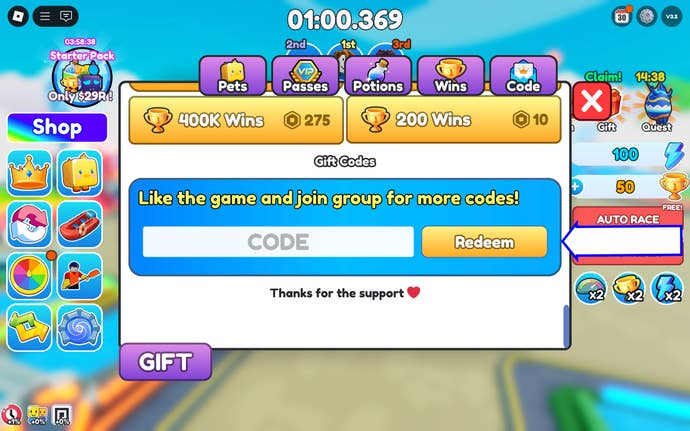 A screenshot of Kayak Racing in Roblox showing the game's codes field.