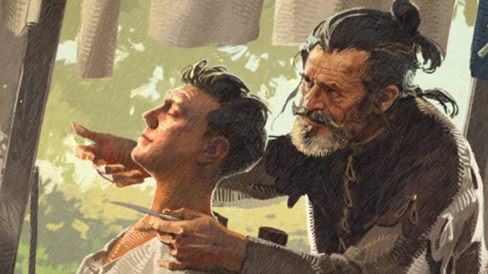 Kingdom Come: Deliverance 2 artwork showing a character getting a haircut in a medieval barber shop.