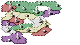An image of Kdice, showing stacks of dice on a map of divided, differently coloured territories.