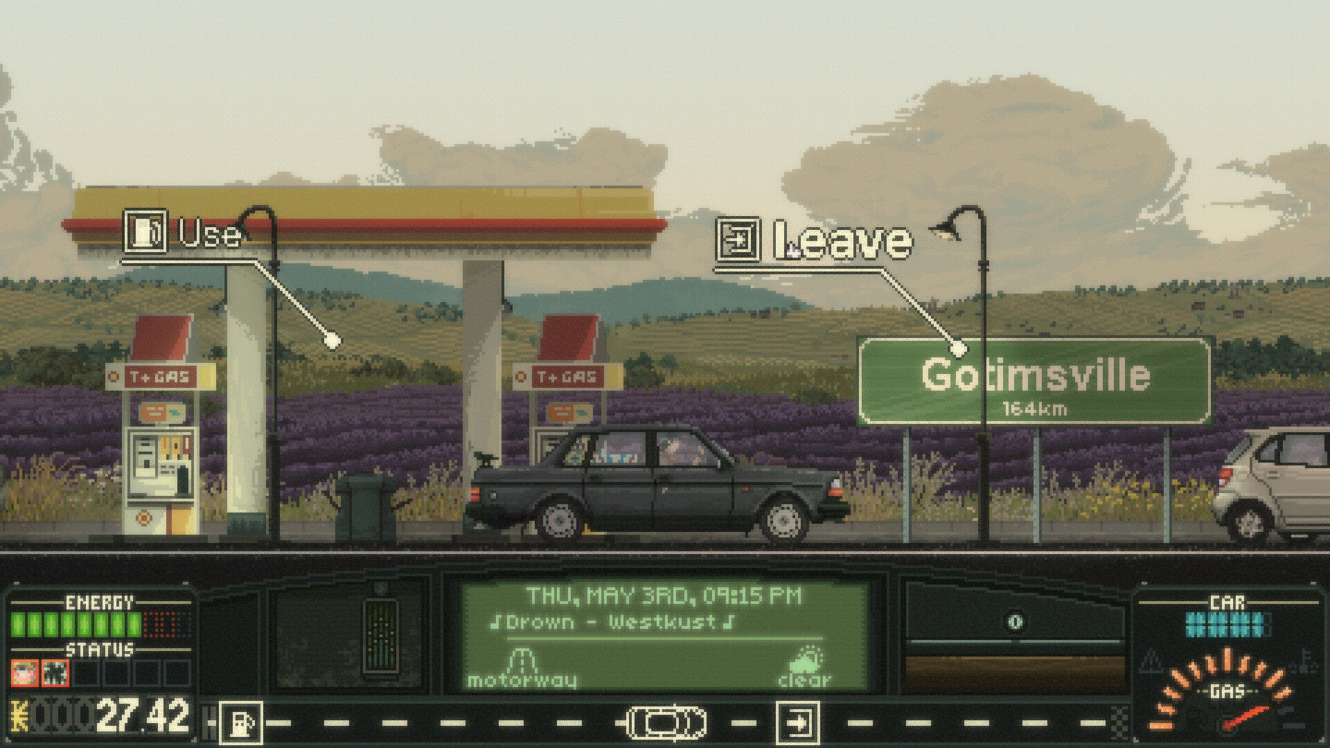 Screenshot from Keep Driving; sideways on view of a car, and a cosy looking petrol station - 7