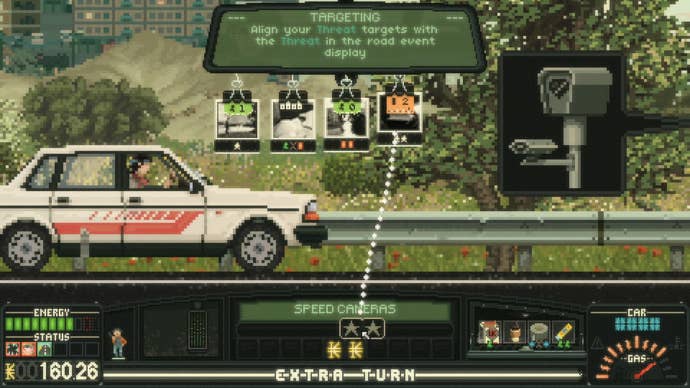 Screenshot from Keep Driving; sideways on view of a car, and a roadside mechanic outpost