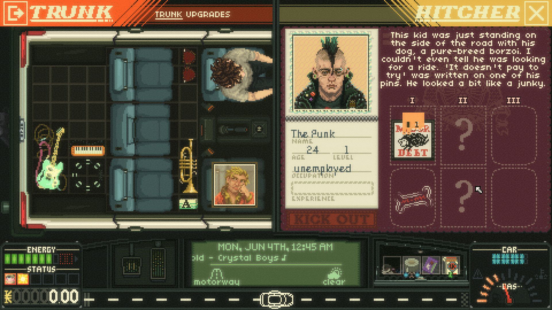 The player reads the description of the Punk, a possible hitchhiker that can join you. - 5
