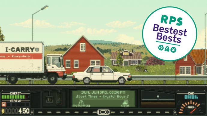 A white sedan drives along the road with a truck behind it and red houses in the background. The game has been awarded a “RPS Bestest Best” sticker.